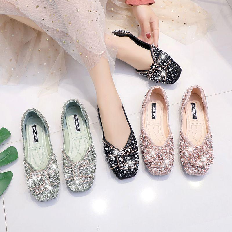 Rhinestone Square Head Doudou Shoes Versatile Light Mouth Ladyshoes Women's Flat Single Shoes Bow Grandma Shoes Summer and Autumn New Models