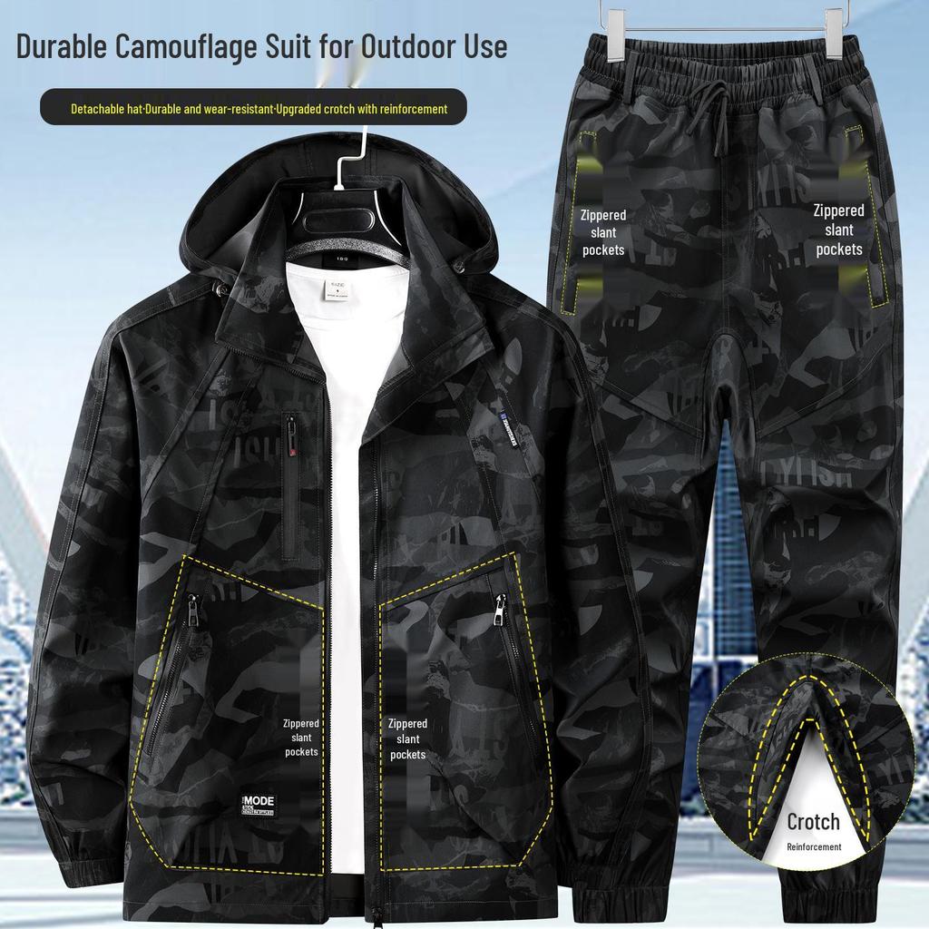 Men's Camouflage Hooded Workwear Set: Protective Mountaineering & Tactical Shell Jacket for Spring/Autumn