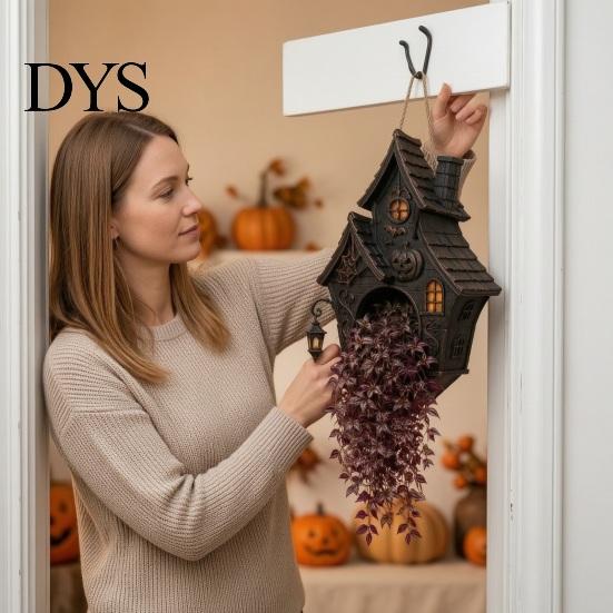 Decorative Bat Flower Basket Halloween Hanging Planter for Indoor Outdoor Use, Gothic Cat Witch Raven Plant Pot Porch Holder, Spooky Wall Mounted