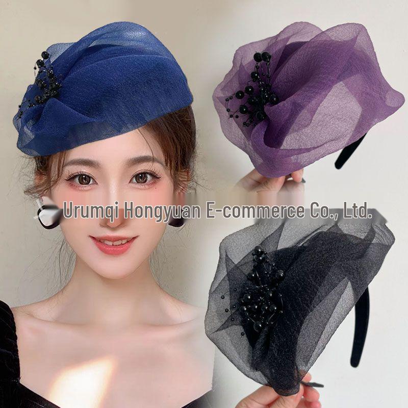 White Organza Evening Half Hat Headband with Wide Edge for High Skull Top Hairstyle
