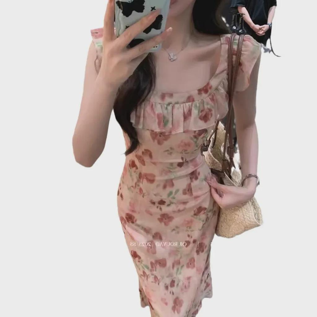 2024 Spring/Summer French Floral Sleeveless Maxi Dress – Slim Waist, Sweet & Elegant