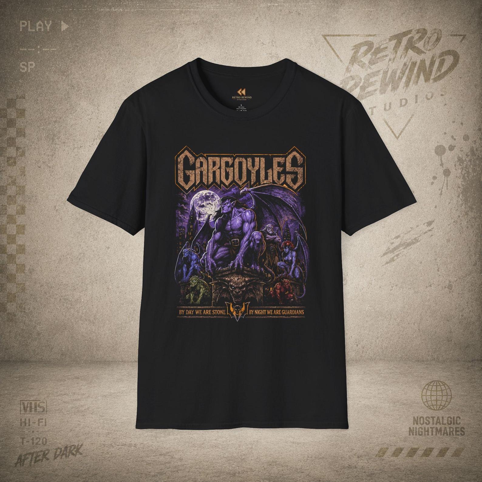 Gargoyles Graphic T-Shirt | Purple Gargoyle Moon Illustration | RetroRewind Studios S