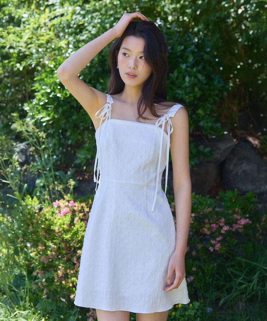 Adowl Dot Jacquard Ribon Mini Dress - White