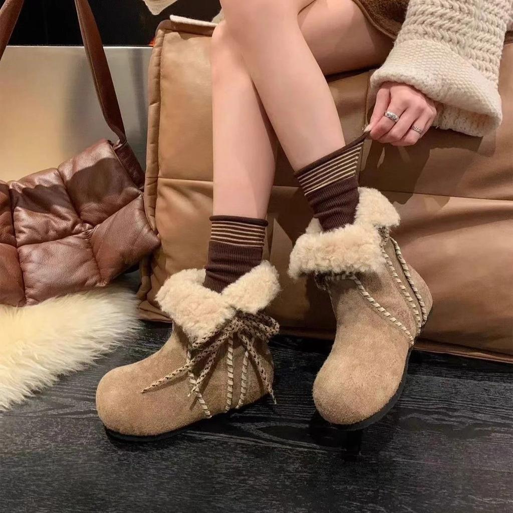 Warmth Snow Boots Women's Winter New Style Leather Fur Integrated Inner Heightening Birkenshoes Two-Way Wearable Booties