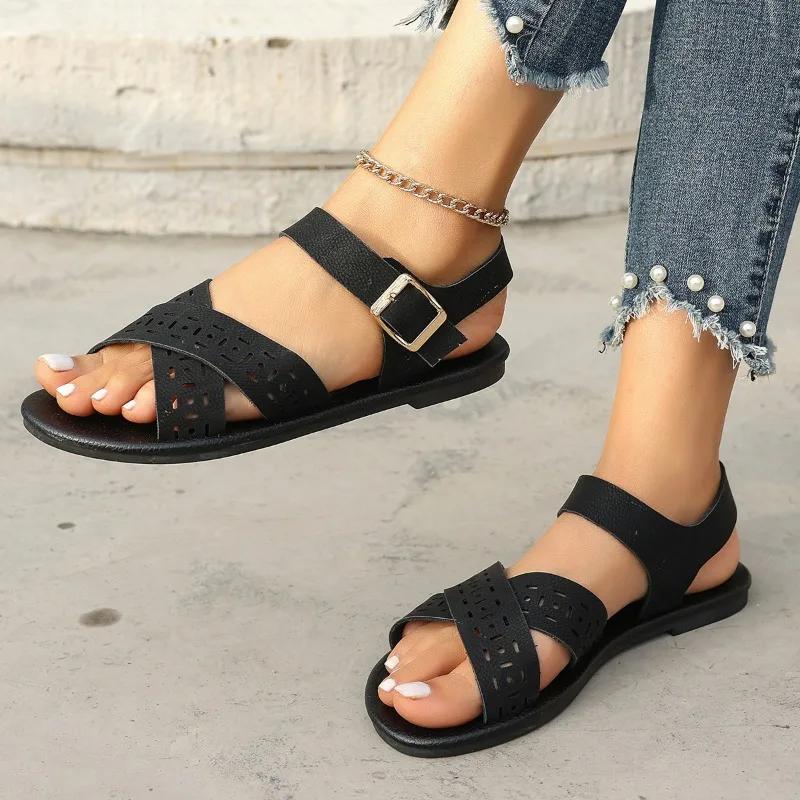 Fashion 2025 Plus Size Shoes Female Open Toe Women's Sandals Outdoor Casual Sandals Women Round Toe Buckle Strap Flat with Shoes Women
