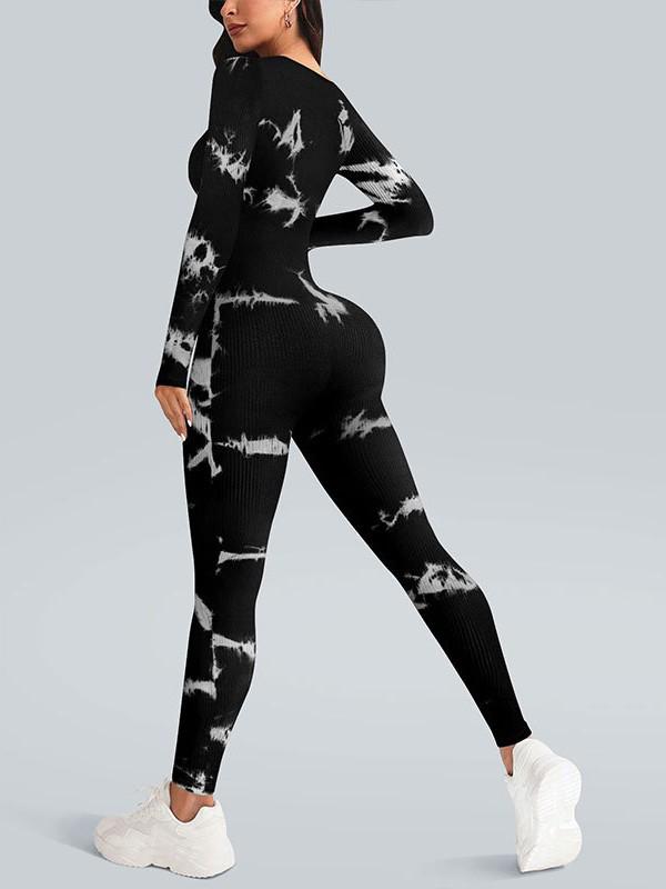 European & American Black & White Tie-Dye Stretch Yoga Jumpsuit - Long, Tight-Fit, Women's All-in-One