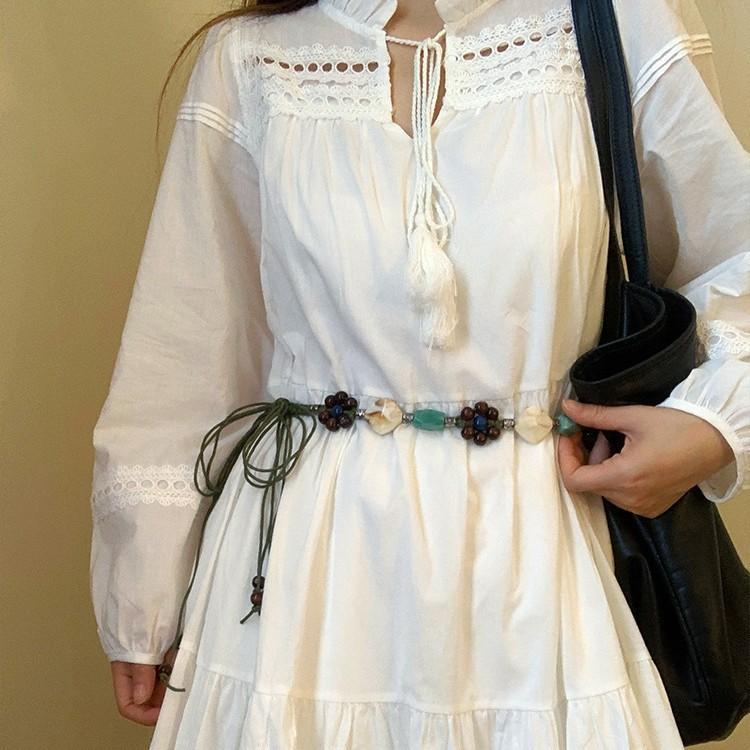 Vintage ethnic wind wood bead woven fringed waist chain bohemian belt clothing