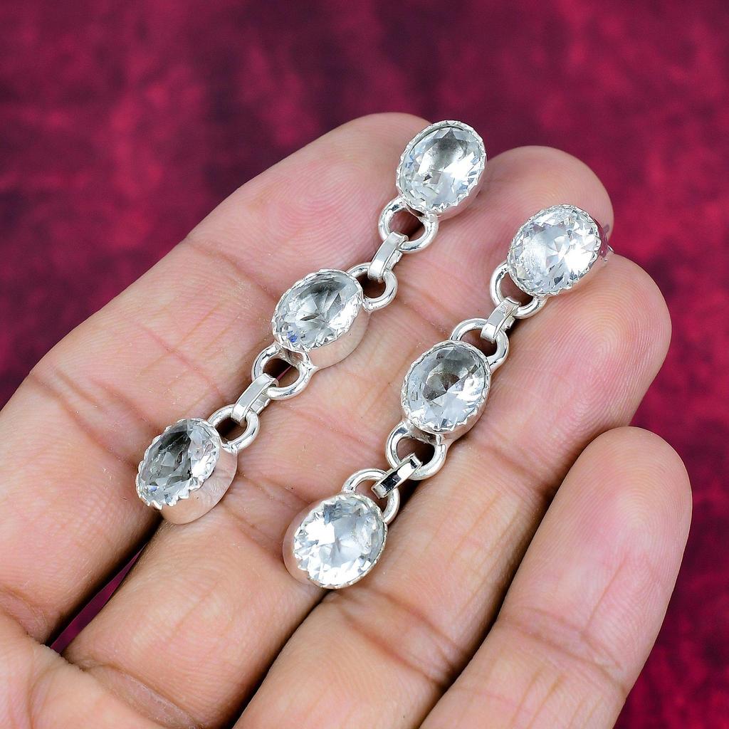 White Topaz 925 Solid Sterling Silver Earrings, Handmade Gemstone Jewelry Earrings For Memorial Day