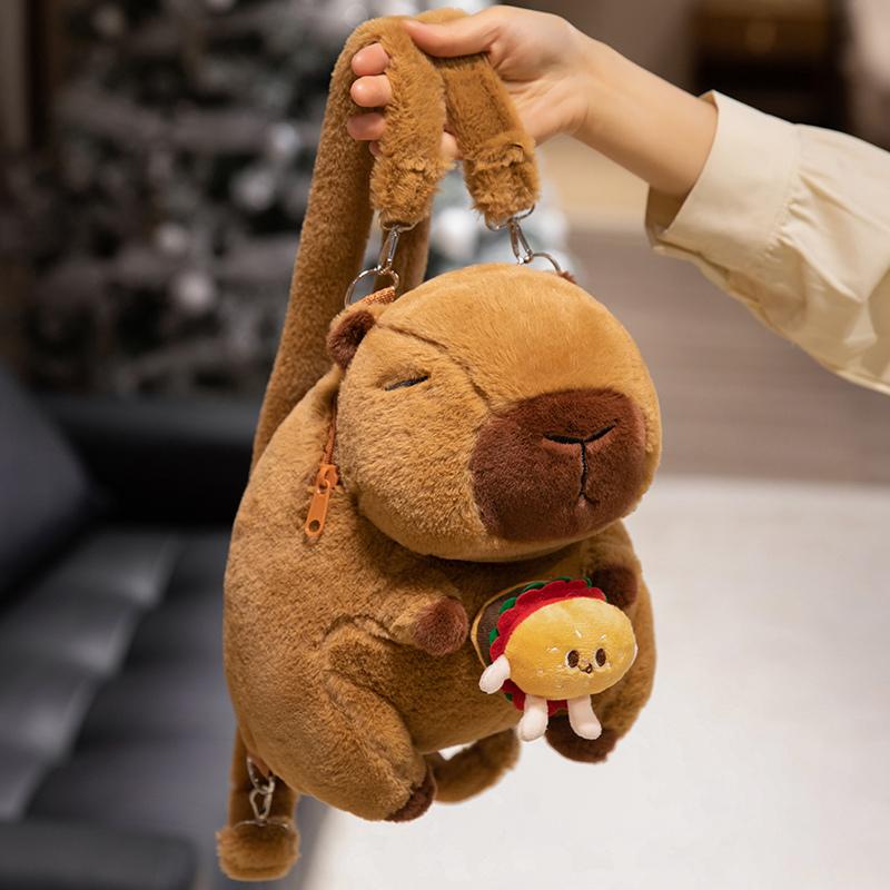 35CM Schöner Capybara Rucksack Plüschtiere Cartoon Capybara hält Hamburger Blumen Plüschpuppe Gefüllter Weicher Rucksack