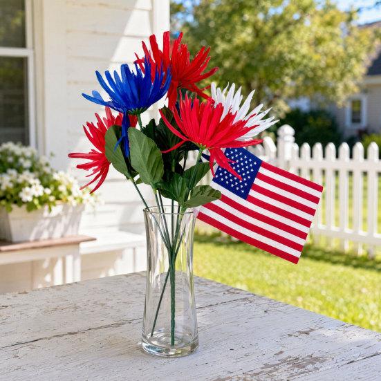 Yousheng Independence Day UV Resistant Faux Flowers, 4th of July Artificial Flower, 250th Anniversary Artificial Bouquet, Red White Blue Patriotic