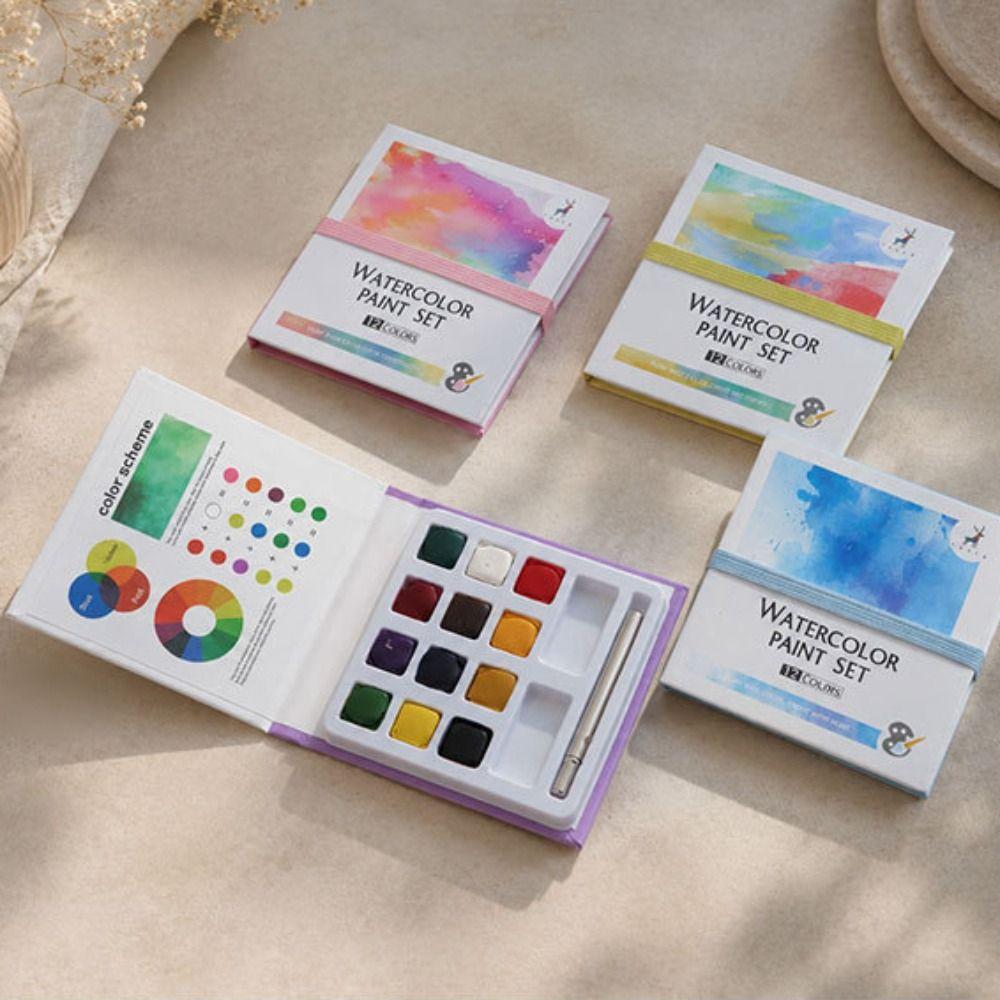 12 Colors Solid Watercolor Paint Set Portable Non‑toxic Travel Watercolor Set Travel Size Solid Watercolor Paint Box Travel