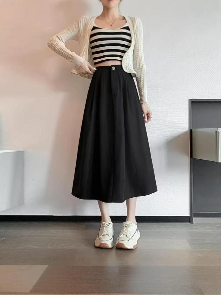 European & American Slimming High Waist A-line Midi Skirt with Large Hem