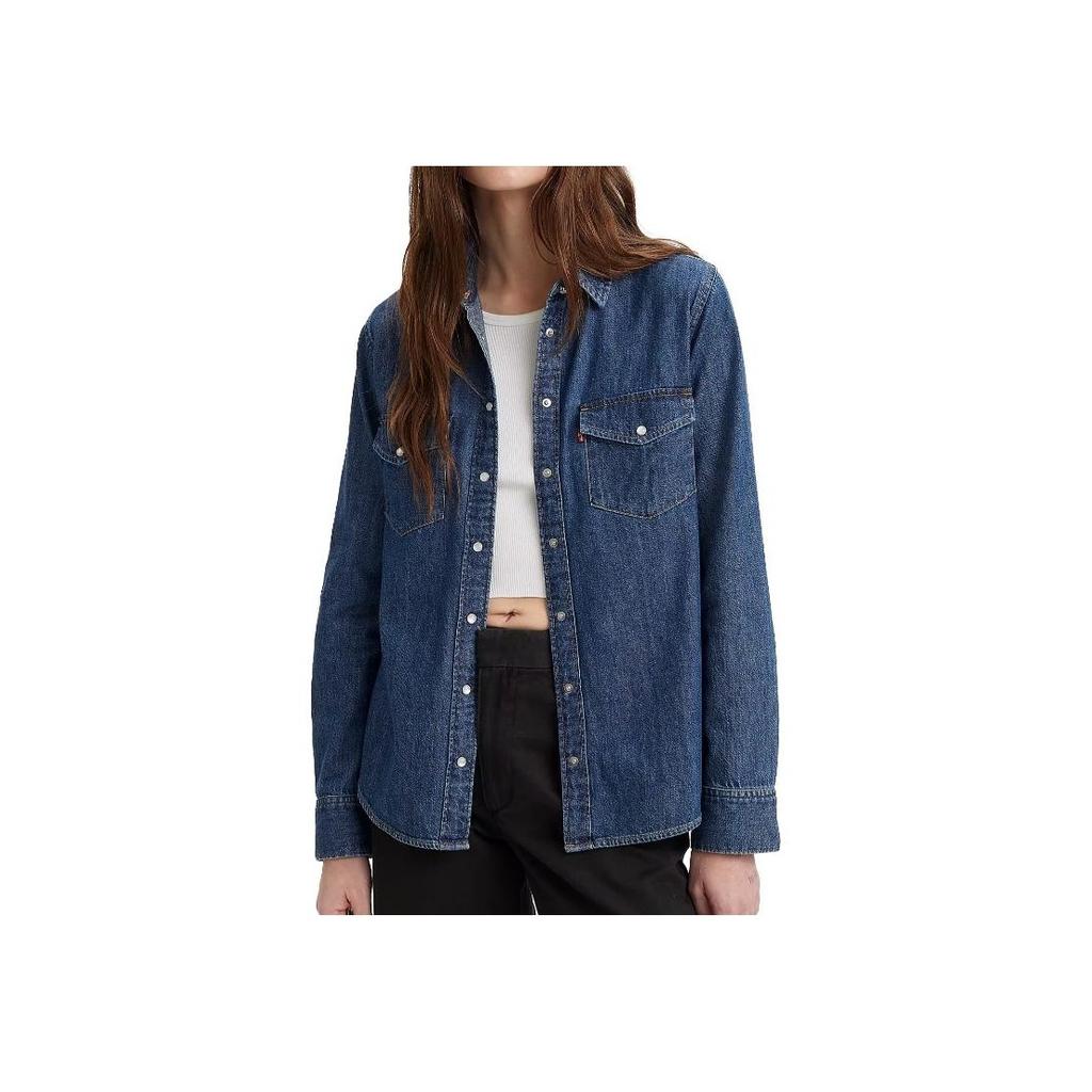 Levis Solid Color Button Square Neck Denim Long Sleeve Shirt Women shirts Blue 16786-0016