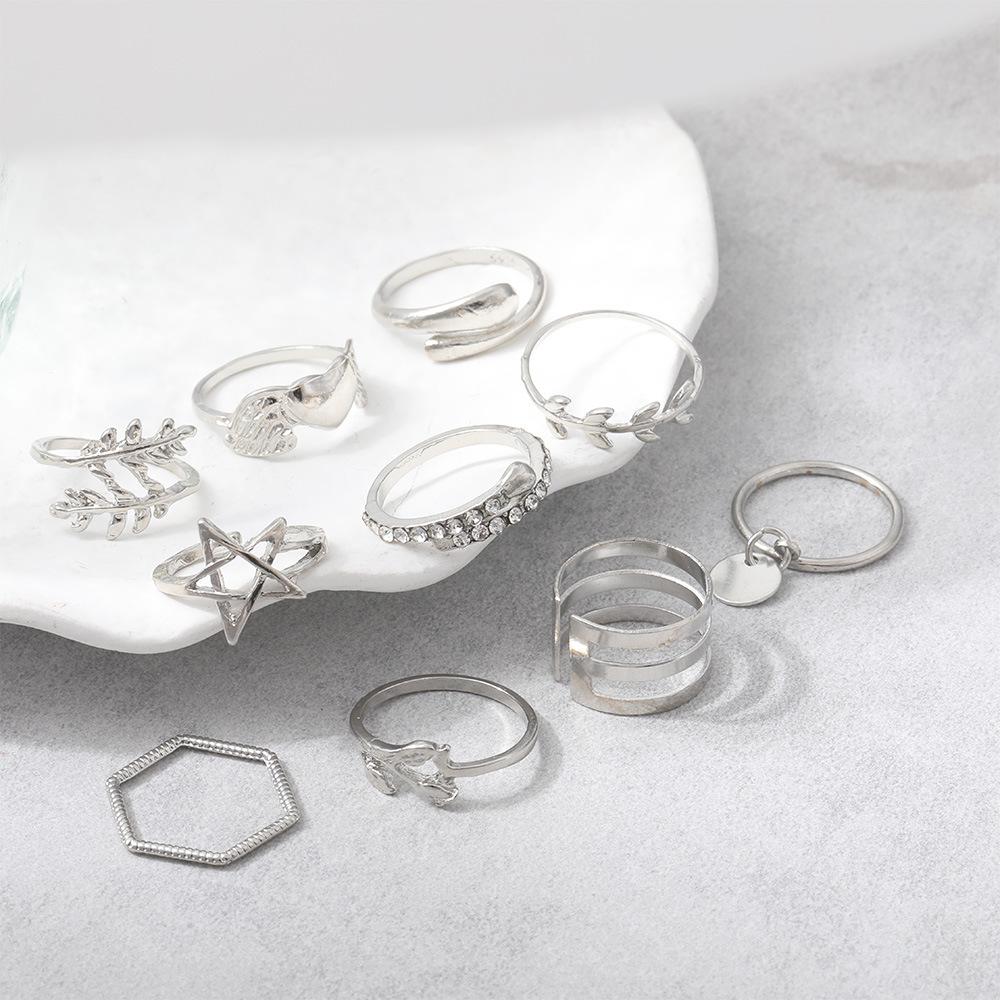 Combination Ring, Fashionable Love Leaf Five-Pointed Star Point Diamond Opening 10-Piece Set Ring Jewelry