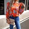 Damska bluzka z długim rękawem, z okrągłym dekoltem, wkładana przez głowę, z nadrukiem kwiatowym, z rękawami lampionowymi