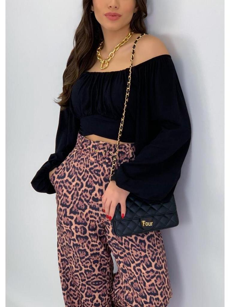 European & American Women's Off-the-Shoulder Lantern Sleeve Crop Top with Lace-Up Design