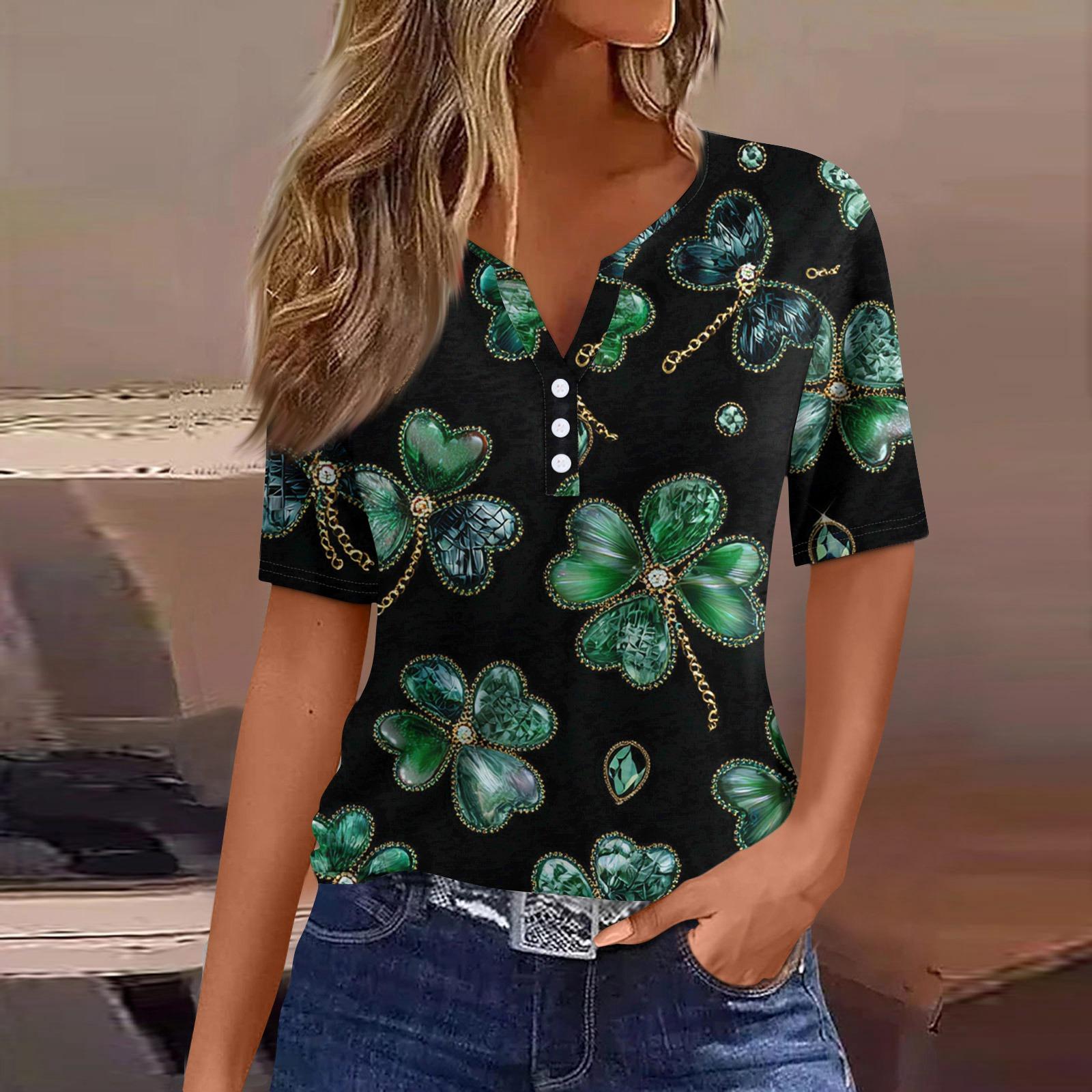 

Women s T Shirt Tee Print Button Short Sleeve Daily Weekend Fashion Basic V- Neck Regular Top St. Patrick s Day S