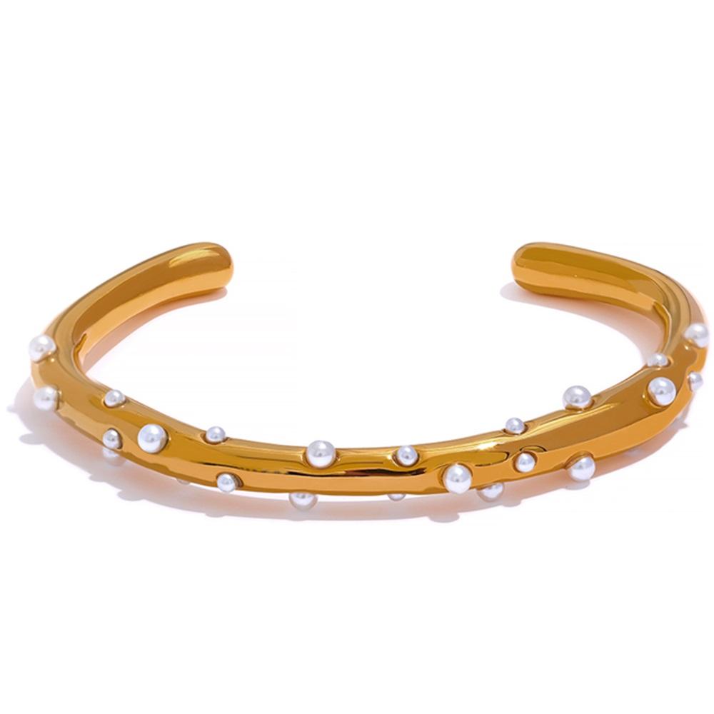 Elegant Imitation Pearls Stainless Steel Gold Color Open Cuff Bracelet Bangle for Women Texture Charm Jewelry