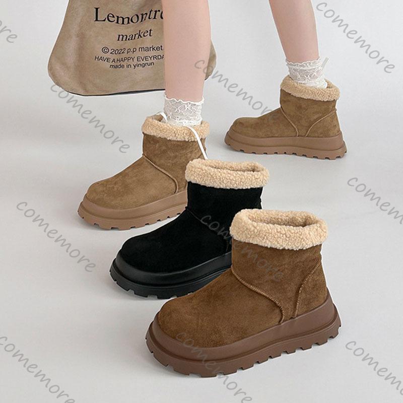 Fashion Comemore Retro Fluffy Splicing Thick Bottom Snow Boots Winter Fashion Short Padded Warm Flat Ankle Boots Casual Cotton Shoes