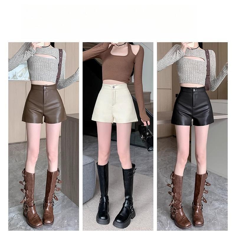 Women's Fall Spring Outer Wear High Waisted A-Line Slimming Petite Fashion Wide Leg PU Leather Shorts Coffee Mini Shorts