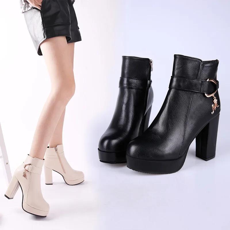 2024 Women Fashion Ankle Boots New Warm Velvet Chunky High Heels Shoes Snow Boots Comfort Soft Leather Cotton Shoes