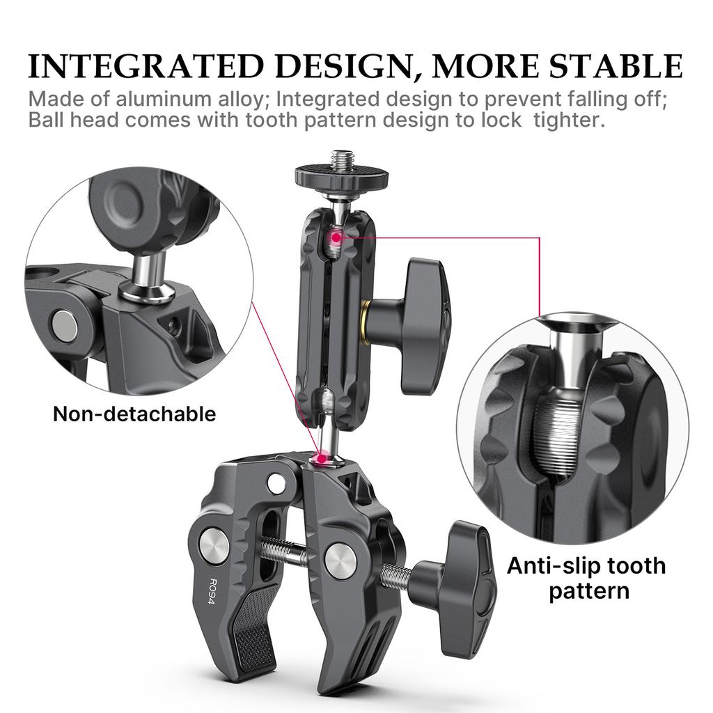 R094 Multi-functional Super Clamp   Mount Clamp Dual 360 degrees  Rotatable  head Aluminum Alloy with 1Celsius4 Inch Screw 3Celsius8 Inch Thread