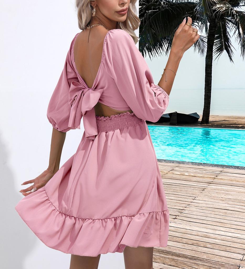 2026 ruffle leaf edge square neck dress strap short skirt women's summer new, Amazon European and American cross-border women's clothing