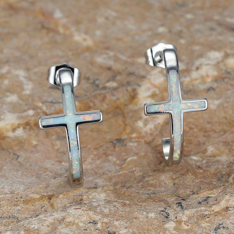 

Wish cross blue and white opal stud earrings European and American personality