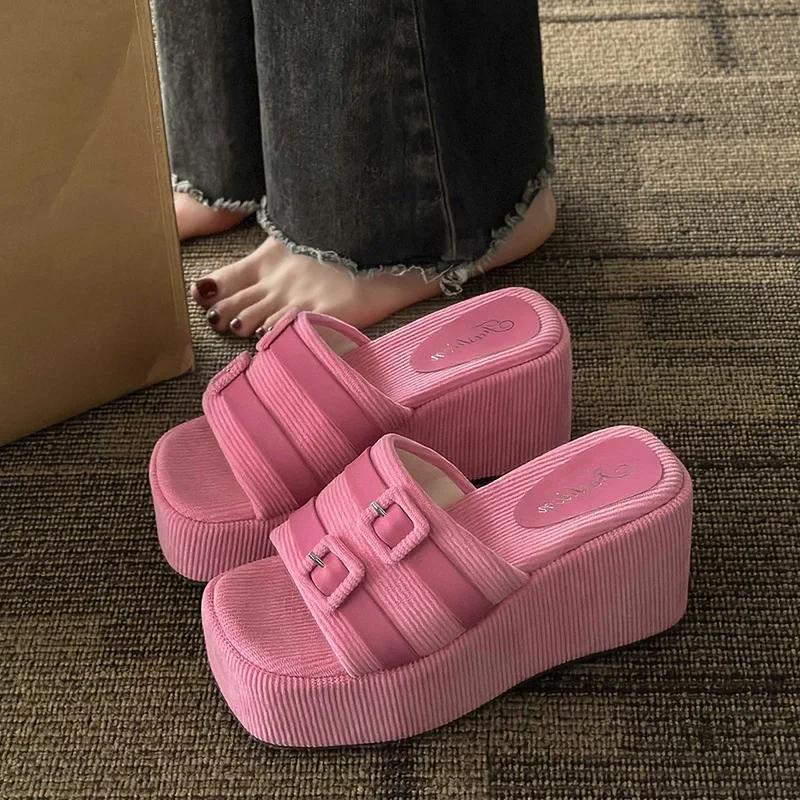 Square Head Platform Slippers Belt Buckles Corduroy Open-toe Women Sandals Summer New Designer Shoes Fashion Wedge Sandals