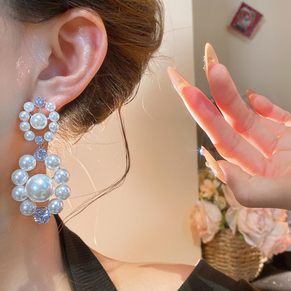 Silver Needle Zircon Imitation Pearl Round Stud Earrings French Retro