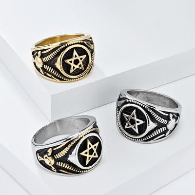 Avrupa ve Amerikan Karanlık Stil Şeytan Keçi Pentagram Titanyum Çelik Erkek Yüzük