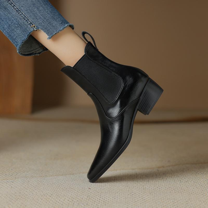 NEW Fall/Winter Women Shoes Square Toe Chunky Heel Boots Split Leather Black Boots for Women Fashion Hight Heel Modern Boots