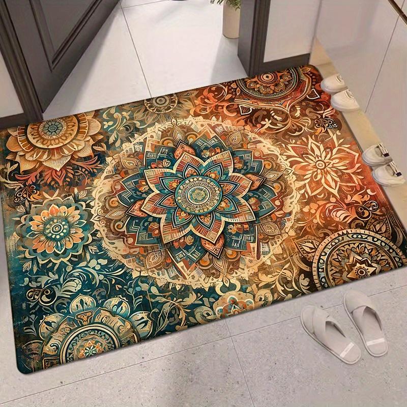 Vibrant Mandala Style Flannel Door Mat Entryway Kitchen Living Room Bedroom Laundry Bathroom Floral Red Beige Bathroom Carpet