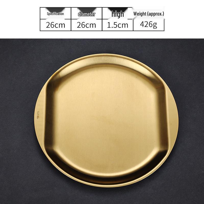 Korean Style Golden Round Plate - Shallow Plate for Snacks, Western Food, Steak, BBQ, and Desserts.