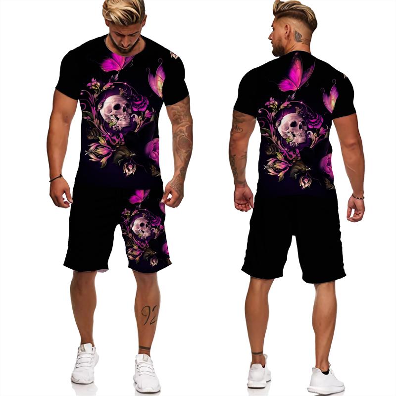 Skull Floral 3D Print Suit for Men Tshirts/Shorts 2pcs Vintage Outfits Sets Gothic Trendy Streetwear Tracksuit Clothing for Male