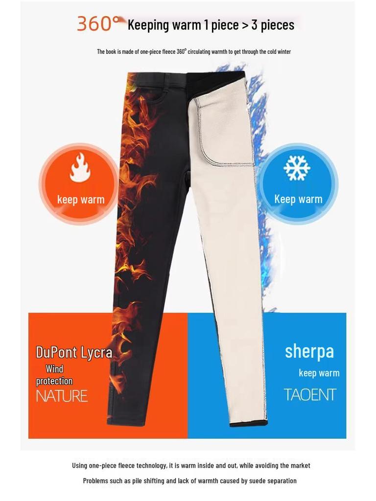 Damen Winter Fleecegefütterte Schwarze Leggings - Dicke Lammfleece Baumwolle, Slim Fit, Herbst/Winter 2025 Stil