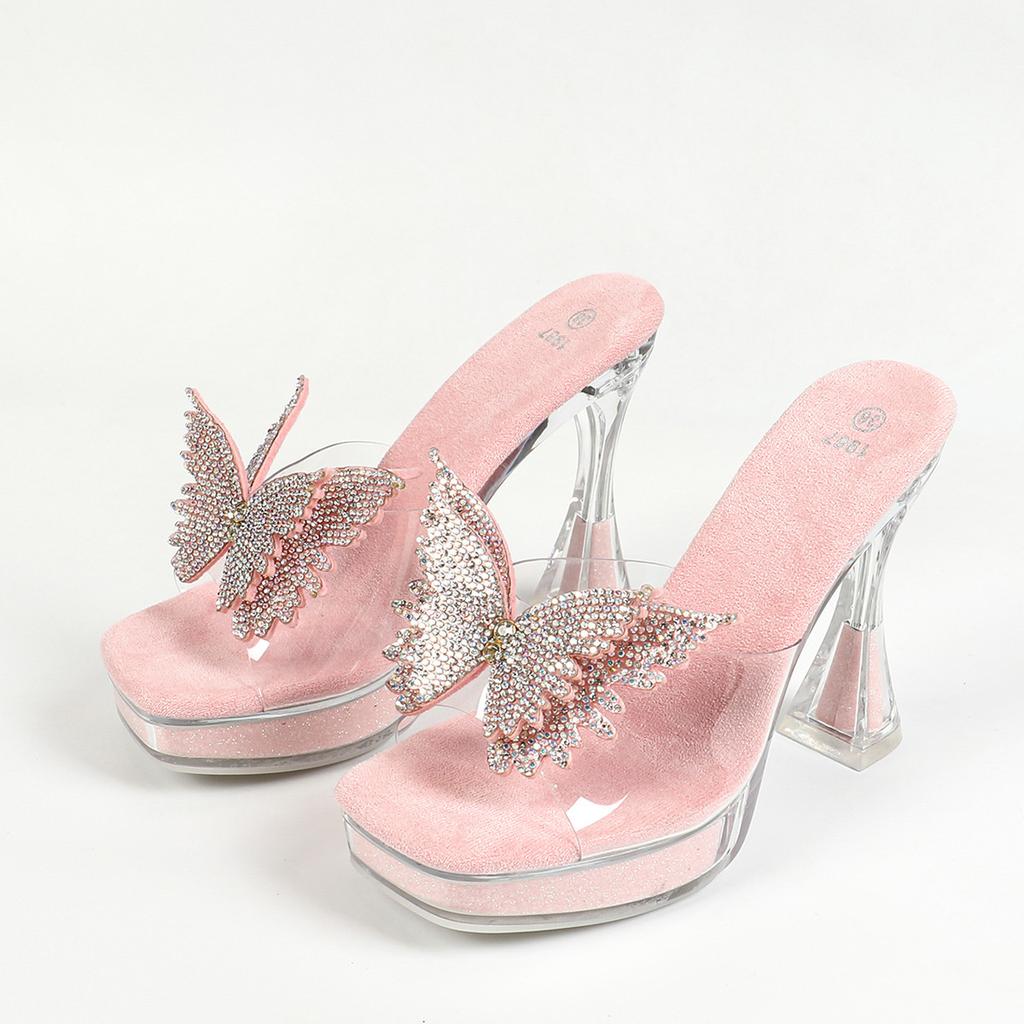 wOMEN New Sexy Car Model Fashion Transparent Crystal Square Head Non-slip Rhinestones 12CM HEEL 3CM PLATFORM  LFD