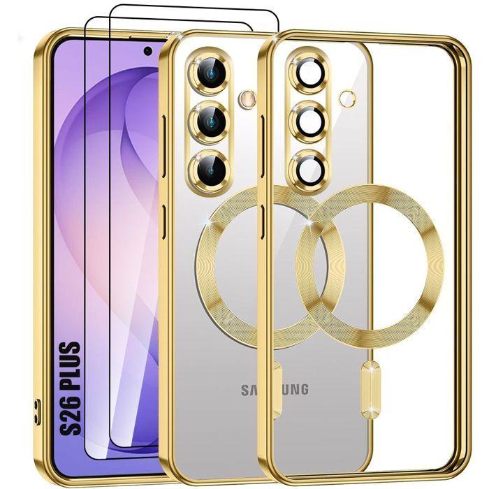 Coque pour Samsung Galaxy S26 Plus, Transparent avec Cercle Magnétique Doré - 2 Verres Trempés