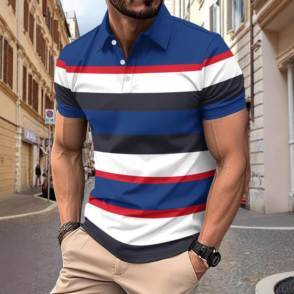 New Men's Casual Polo Shirt with V-Neck and Button Placket Versatile Business-Striped T-Shirt Top