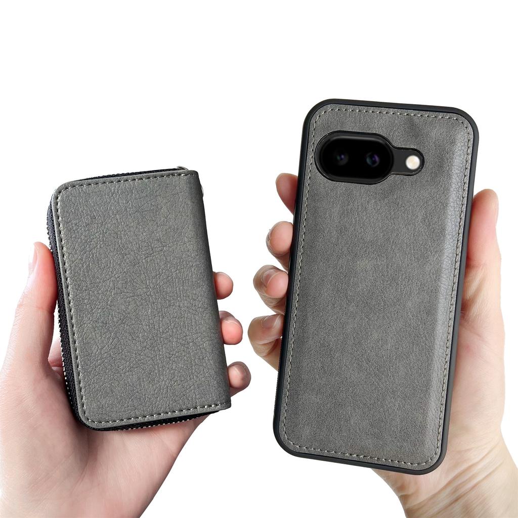 For Google Pixel 9a Case Detachable Zipper Card Bag PU TPU Kickstand Phone Case with Strap