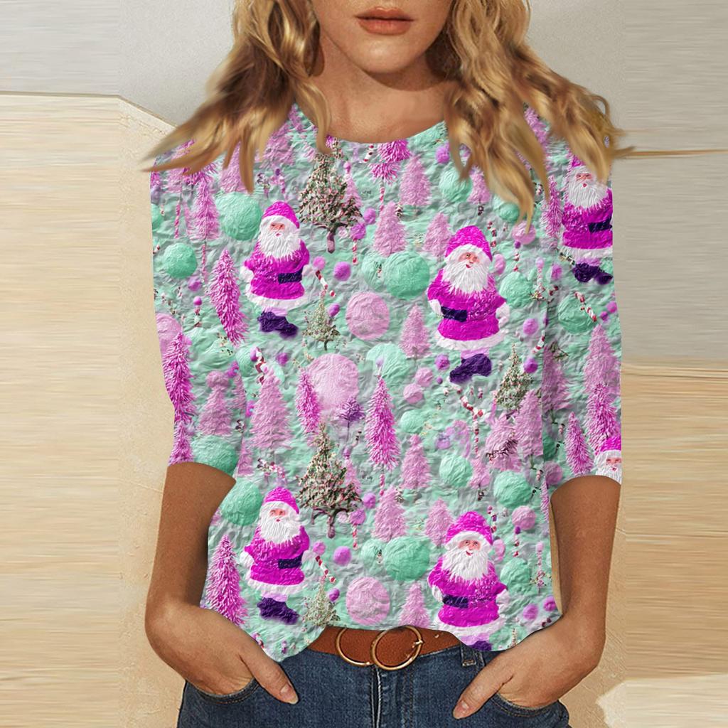 Women's Fashionable Casual Three Quarter Sleeve Christmas Printed Round Neck Top