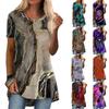 Women's Round Neck Short Sleeve Geometric Print Tunic Top Casual Asymmetrical Hem Blouse