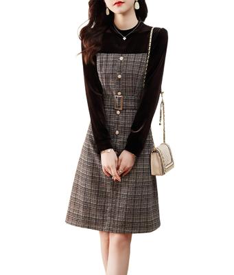 Seira Long Sleeve Checkered Belt Included Knee-Length Dress, Pattern, A-Line, Women's Dress, Spring/Autumn, Stylish, Flattering, Black,