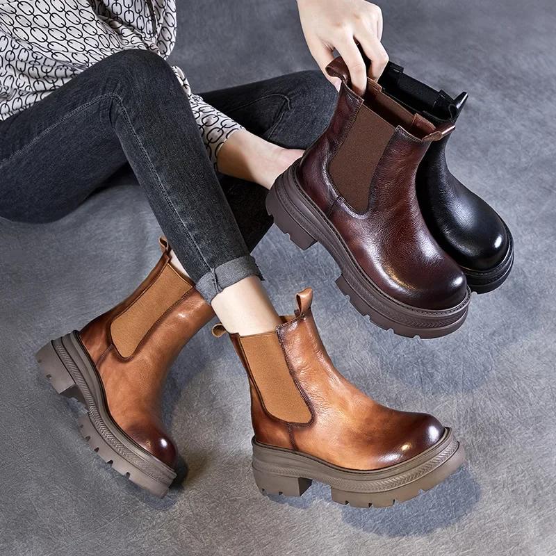 Fashion 6CM Luxury Design Chelsea Boots For Women Genuine Cow Leather Wide Head Thick High Heel Platform Slip On Mid Calf Boots 2024 New