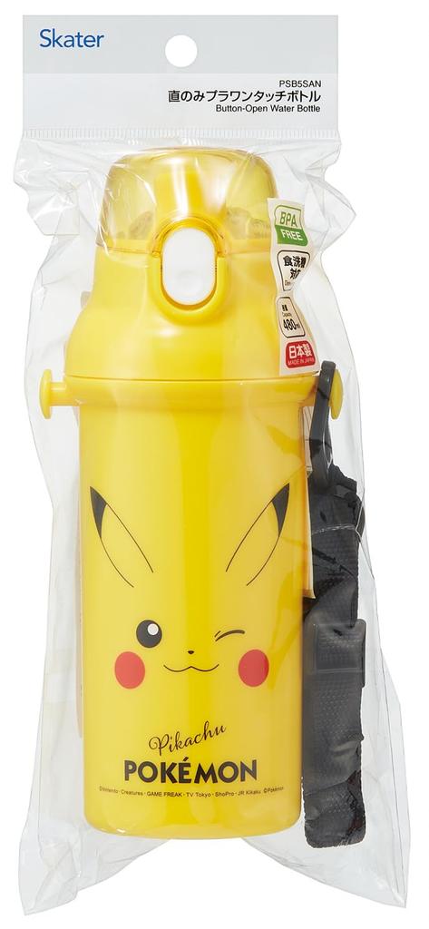Skater Direct Drinking Water Dishwasher Made in Pokemon Pikachu Face 25 for Boys and Children's Bottle, Plastic, 480ml, One-Push Opening, Safe, Japan,