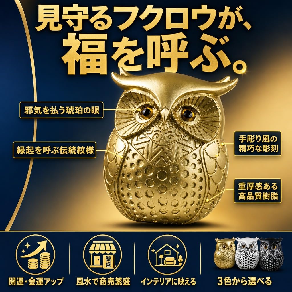 Hyack Owl Figurine, Lucky Charm, Feng Shui, Gold, Gift, Amulet, Talisman, Ornament (Gold) [Parallel Import]