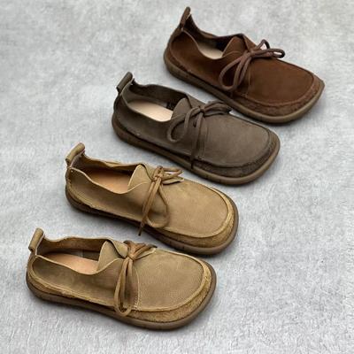Handmade Leather Single Shoes Retro Literary and Versatile Flat Bottom Lace-up Low-top Women's Shoes New