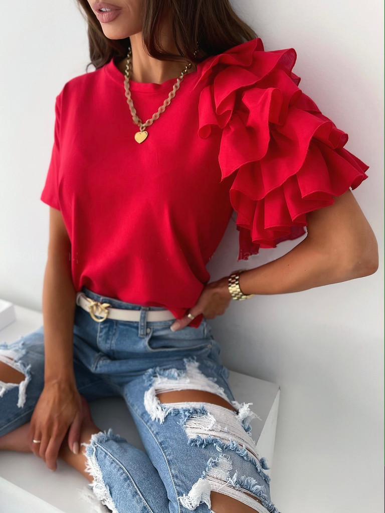 2026 Summer Fashion Women's Ruffle Short Sleeve Round Neck T-shirt, European and American Style