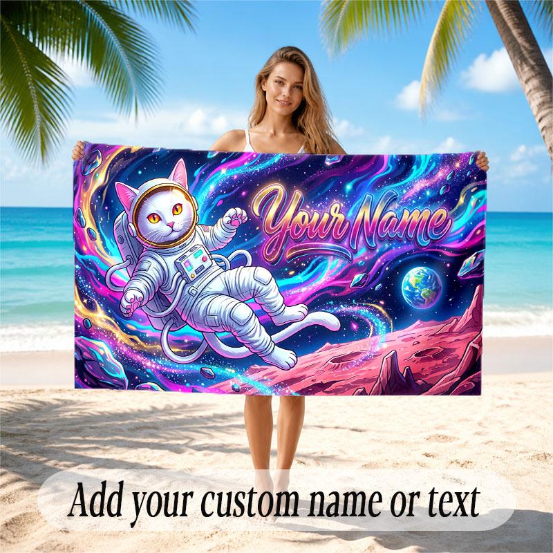 Cat Theme Soft Beach Towel Personalized Custom Name Text Towel Portable for Beach Pool Travel