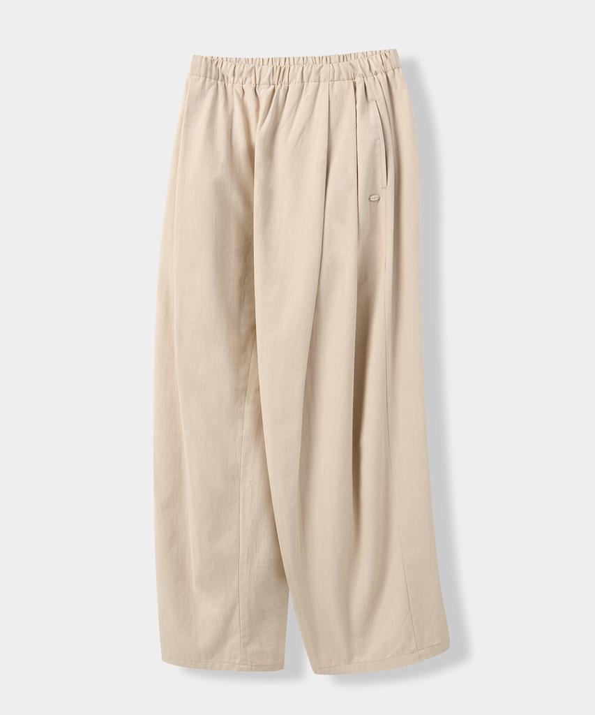 Yujen Double-Pleat Wide Cotton Elastic Waist Pants_Oatmeal